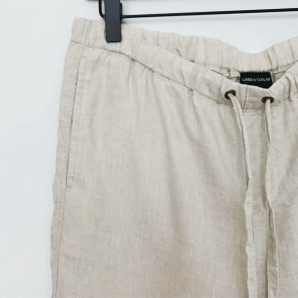 Lord & Taylor 100% linen tan ecru wide leg loose fit long khaki tie waist pants - Picture 4 of 8